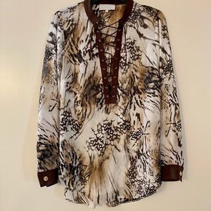 Just Unique Tunic Top M/L Brown Abstract Print Lace Up Neckline Long Sleeves